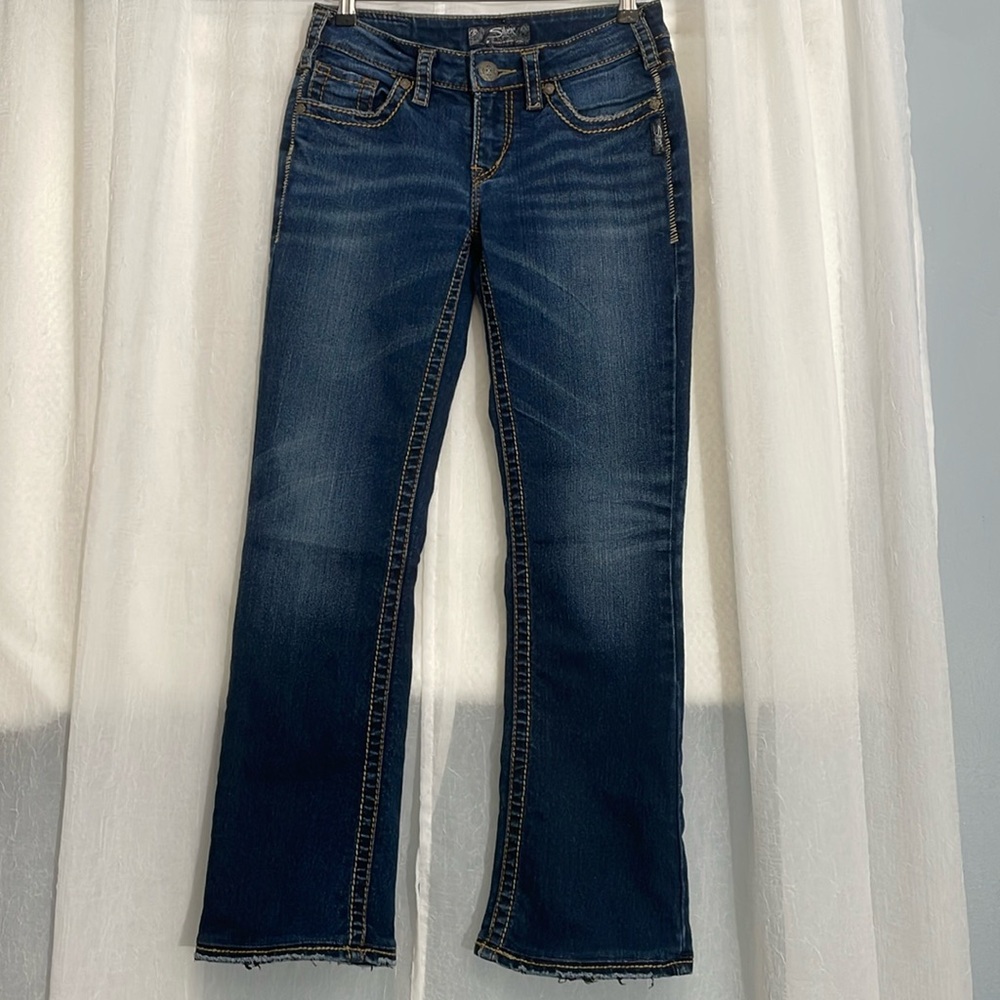 Silver Jeans Womens Size W26 x leg 28 Aiko Bootcut Blue Denim Stretch Distressed